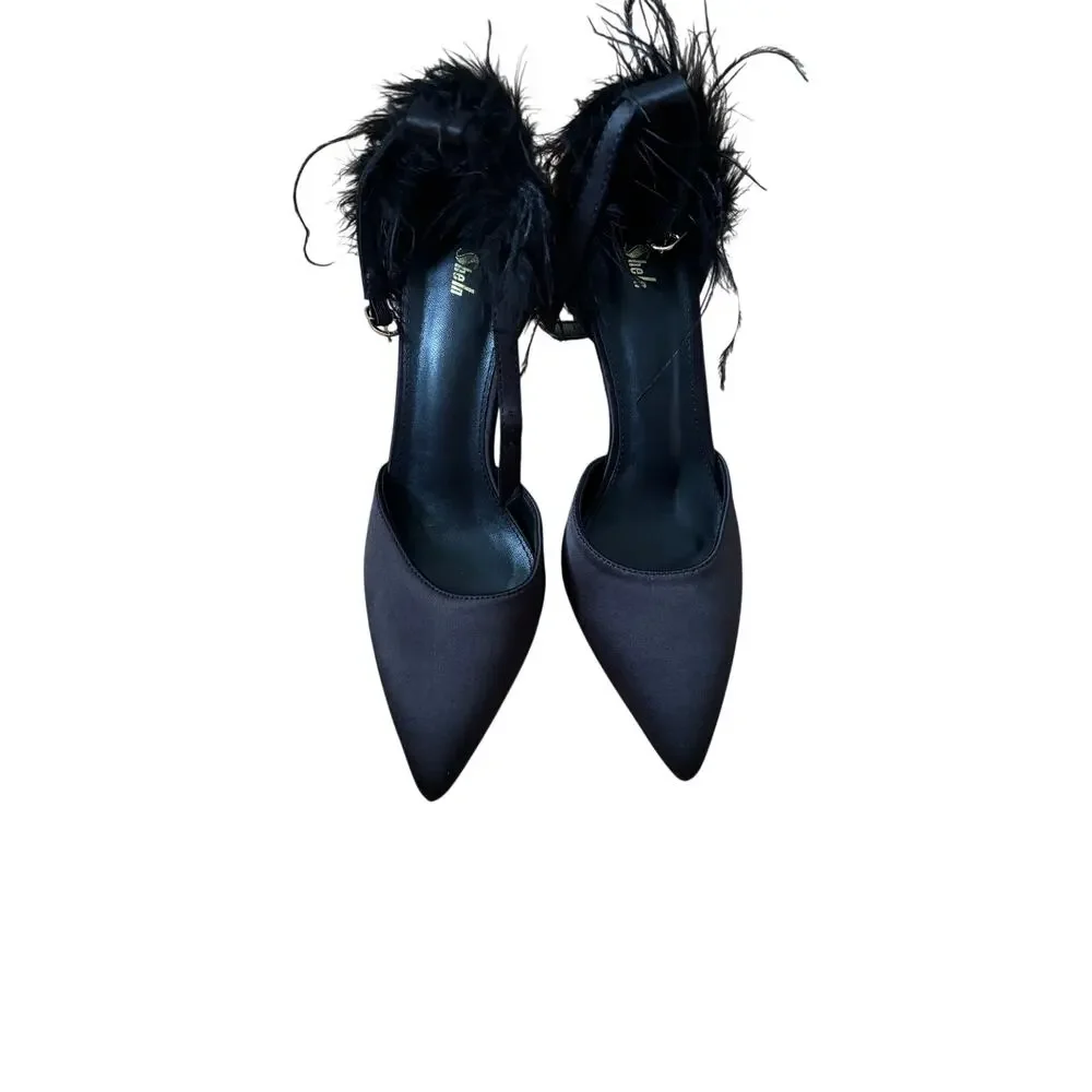 Black Satin Feather Trim Pointed Toe Stiletto Heels Women’s Size EU 38 US 7.5 - Picture 3 of 10